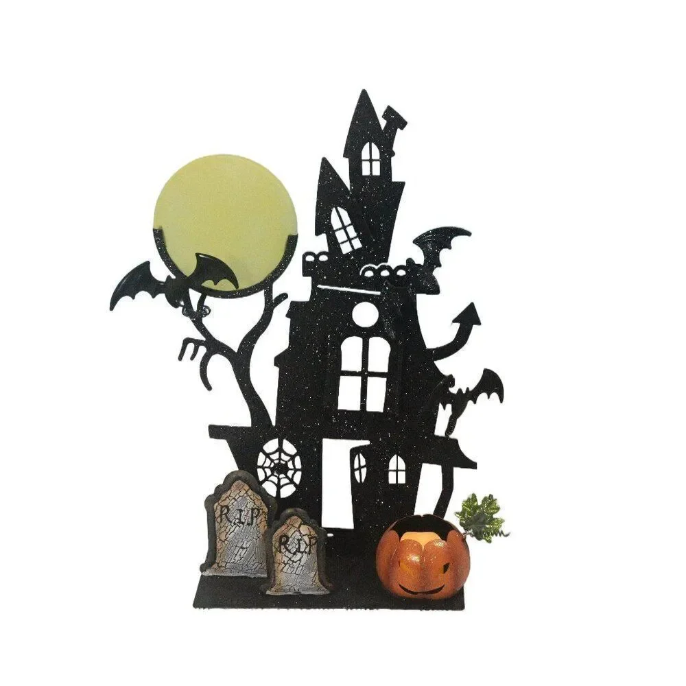 Metal 3D Glittered Halloween Haunted Mansion Scene with Pumpkin Tealight Holder